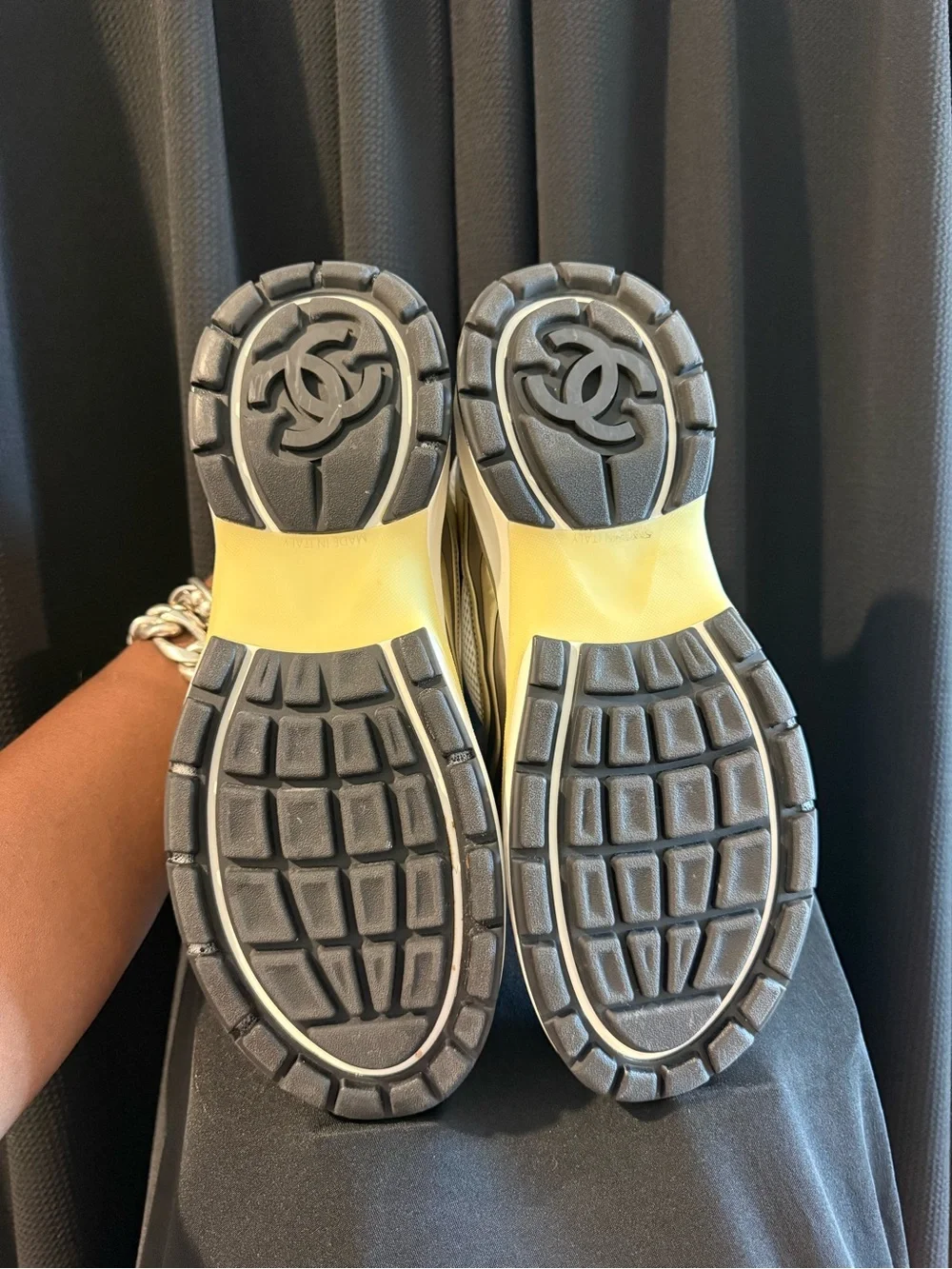 CHANEL Women’s White and Gold Metallic Lace-Up Sneakers